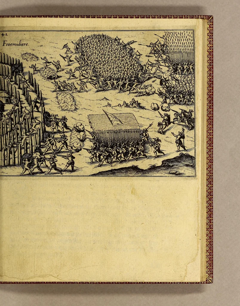 An illustration from Vierte Schiffart. Warhafftige Historien. Einer wunderbaren Schiffart, welche Ulrich Schmidel von Straubing, von Anno 1534. biss Anno 1554, in Americam oder Neuwewelt, bey Brasilia vnd Rio della Plata gethan. : Was er in diesen neuntzehen Jahren aussgestanden, vn[d] was für seltzame wunderbare Länder vnd Leut er gesehen: durch ermelten Schmidel selbst beschrieben, an jetzt aber an Tag geben mit Verbesserung vnd Corrigierung der Stätt, Länder vnd Flüss Namen, dessgleichen mit einer nothwendigen Landtaffel, Figuren, vnd anderer mehr Erklerung, gezieret,, 1602, leaf 109