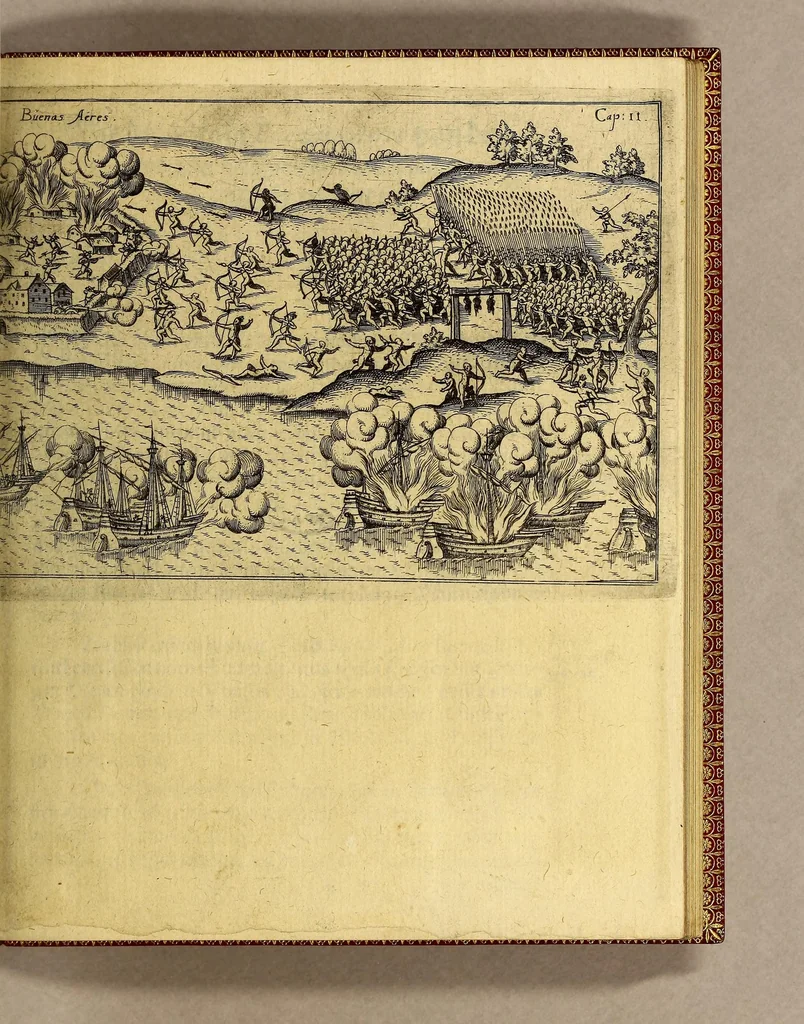 An illustration from Vierte Schiffart. Warhafftige Historien. Einer wunderbaren Schiffart, welche Ulrich Schmidel von Straubing, von Anno 1534. biss Anno 1554, in Americam oder Neuwewelt, bey Brasilia vnd Rio della Plata gethan. : Was er in diesen neuntzehen Jahren aussgestanden, vn[d] was für seltzame wunderbare Länder vnd Leut er gesehen: durch ermelten Schmidel selbst beschrieben, an jetzt aber an Tag geben mit Verbesserung vnd Corrigierung der Stätt, Länder vnd Flüss Namen, dessgleichen mit einer nothwendigen Landtaffel, Figuren, vnd anderer mehr Erklerung, gezieret,, 1602, leaf 39