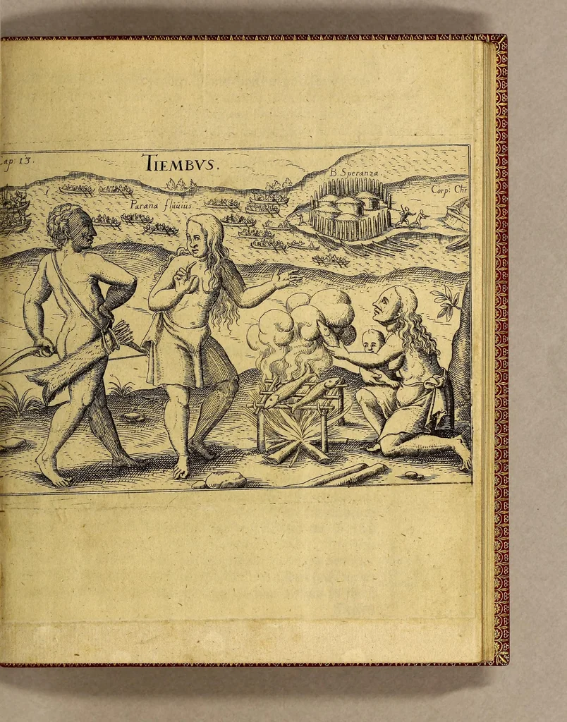 An illustration from Vierte Schiffart. Warhafftige Historien. Einer wunderbaren Schiffart, welche Ulrich Schmidel von Straubing, von Anno 1534. biss Anno 1554, in Americam oder Neuwewelt, bey Brasilia vnd Rio della Plata gethan. : Was er in diesen neuntzehen Jahren aussgestanden, vn[d] was für seltzame wunderbare Länder vnd Leut er gesehen: durch ermelten Schmidel selbst beschrieben, an jetzt aber an Tag geben mit Verbesserung vnd Corrigierung der Stätt, Länder vnd Flüss Namen, dessgleichen mit einer nothwendigen Landtaffel, Figuren, vnd anderer mehr Erklerung, gezieret,, 1602, leaf 43