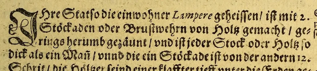 An illustration from Vierte Schiffart. Warhafftige Historien. Einer wunderbaren Schiffart, welche Ulrich Schmidel von Straubing, von Anno 1534. biss Anno 1554, in Americam oder Neuwewelt, bey Brasilia vnd Rio della Plata gethan. : Was er in diesen neuntzehen Jahren aussgestanden, vn[d] was für seltzame wunderbare Länder vnd Leut er gesehen: durch ermelten Schmidel selbst beschrieben, an jetzt aber an Tag geben mit Verbesserung vnd Corrigierung der Stätt, Länder vnd Flüss Namen, dessgleichen mit einer nothwendigen Landtaffel, Figuren, vnd anderer mehr Erklerung, gezieret,, 1602, leaf 61