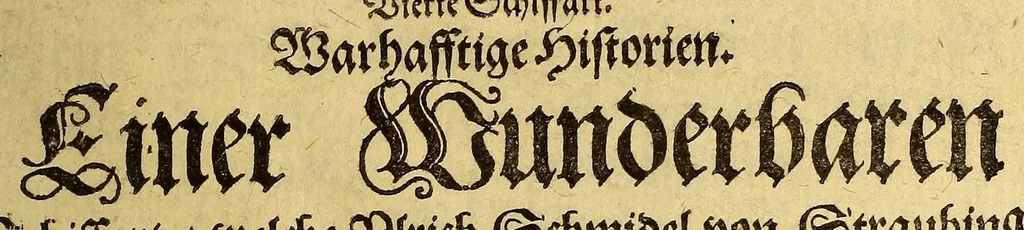 An illustration from Vierte Schiffart. Warhafftige Historien. Einer wunderbaren Schiffart, welche Ulrich Schmidel von Straubing, von Anno 1534. biss Anno 1554, in Americam oder Neuwewelt, bey Brasilia vnd Rio della Plata gethan. : Was er in diesen neuntzehen Jahren aussgestanden, vn[d] was für seltzame wunderbare Länder vnd Leut er gesehen: durch ermelten Schmidel selbst beschrieben, an jetzt aber an Tag geben mit Verbesserung vnd Corrigierung der Stätt, Länder vnd Flüss Namen, dessgleichen mit einer nothwendigen Landtaffel, Figuren, vnd anderer mehr Erklerung, gezieret,, 1602, leaf 7
