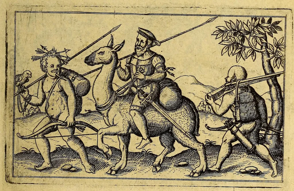 An illustration from Vierte Schiffart. Warhafftige Historien. Einer wunderbaren Schiffart, welche Ulrich Schmidel von Straubing, von Anno 1534. biss Anno 1554, in Americam oder Neuwewelt, bey Brasilia vnd Rio della Plata gethan. : Was er in diesen neuntzehen Jahren aussgestanden, vn[d] was für seltzame wunderbare Länder vnd Leut er gesehen: durch ermelten Schmidel selbst beschrieben, an jetzt aber an Tag geben mit Verbesserung vnd Corrigierung der Stätt, Länder vnd Flüss Namen, dessgleichen mit einer nothwendigen Landtaffel, Figuren, vnd anderer mehr Erklerung, gezieret,, 1602, leaf 7