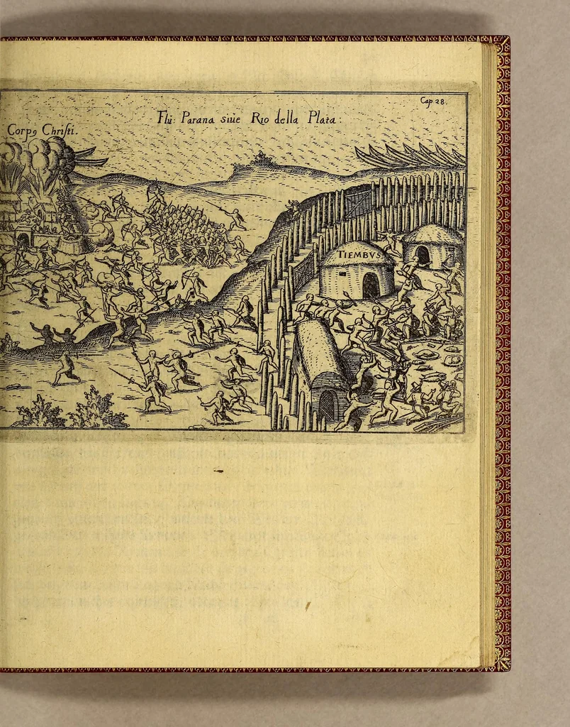 An illustration from Vierte Schiffart. Warhafftige Historien. Einer wunderbaren Schiffart, welche Ulrich Schmidel von Straubing, von Anno 1534. biss Anno 1554, in Americam oder Neuwewelt, bey Brasilia vnd Rio della Plata gethan. : Was er in diesen neuntzehen Jahren aussgestanden, vn[d] was für seltzame wunderbare Länder vnd Leut er gesehen: durch ermelten Schmidel selbst beschrieben, an jetzt aber an Tag geben mit Verbesserung vnd Corrigierung der Stätt, Länder vnd Flüss Namen, dessgleichen mit einer nothwendigen Landtaffel, Figuren, vnd anderer mehr Erklerung, gezieret,, 1602, leaf 75