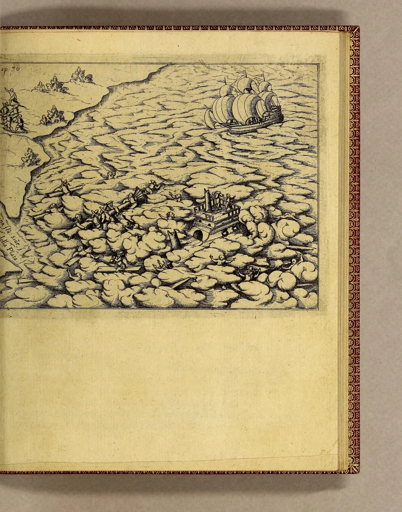 An illustration from Vierte Schiffart. Warhafftige Historien. Einer wunderbaren Schiffart, welche Ulrich Schmidel von Straubing, von Anno 1534. biss Anno 1554, in Americam oder Neuwewelt, bey Brasilia vnd Rio della Plata gethan. : Was er in diesen neuntzehen Jahren aussgestanden, vn[d] was für seltzame wunderbare Länder vnd Leut er gesehen: durch ermelten Schmidel selbst beschrieben, an jetzt aber an Tag geben mit Verbesserung vnd Corrigierung der Stätt, Länder vnd Flüss Namen, dessgleichen mit einer nothwendigen Landtaffel, Figuren, vnd anderer mehr Erklerung, gezieret,, 1602, leaf 81