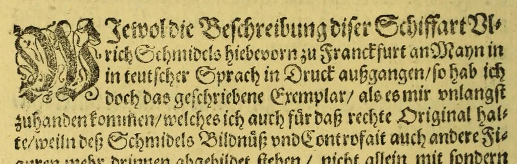 An illustration from Vierte Schiffart. Warhafftige Historien einer wunderbaren Schiffart, welche Ulrich Schmidel von Straubing, von Anno 1534. biss Anno 1554 in Americam oder Newenwelt, bey Brasilia und Rio della Plata gethan. : Was er in diesen neuntzehen Jahren aussgestanden, vnd was für seltzame wunderbare Länder vnd Leut er gesehen: durch ermelten Schmidel selbs beschrieben, an jetzt aber an Tag geben mit Verbesserung vnd Corrigierung der Stätt, Länder vnd Flüss namen, dessgleichen mit einer nothwendigen Landtaffel, Figuren, vnd anderer mehr Erklerung, gezieret,, 1599, leaf 12
