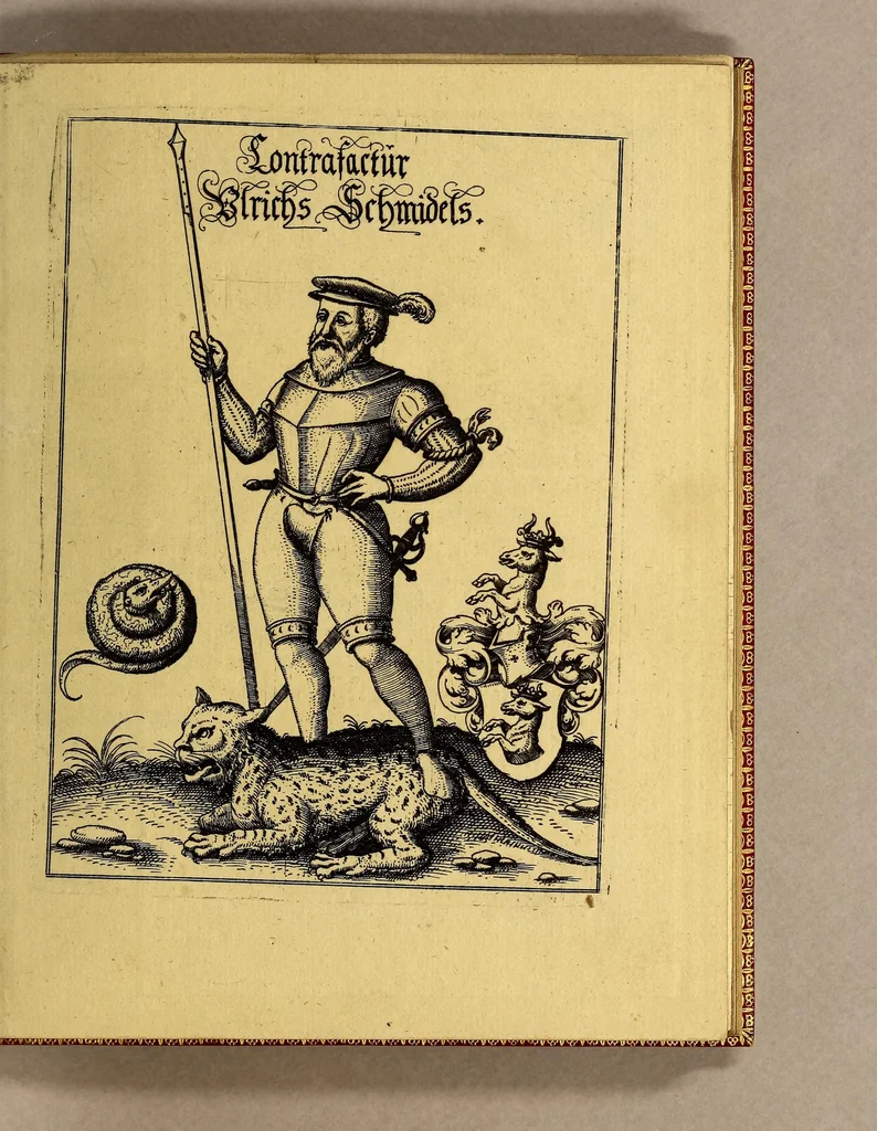 An illustration from Vierte Schiffart. Warhafftige Historien einer wunderbaren Schiffart, welche Ulrich Schmidel von Straubing, von Anno 1534. biss Anno 1554 in Americam oder Newenwelt, bey Brasilia und Rio della Plata gethan. : Was er in diesen neuntzehen Jahren aussgestanden, vnd was für seltzame wunderbare Länder vnd Leut er gesehen: durch ermelten Schmidel selbs beschrieben, an jetzt aber an Tag geben mit Verbesserung vnd Corrigierung der Stätt, Länder vnd Flüss namen, dessgleichen mit einer nothwendigen Landtaffel, Figuren, vnd anderer mehr Erklerung, gezieret,, 1599, leaf 15