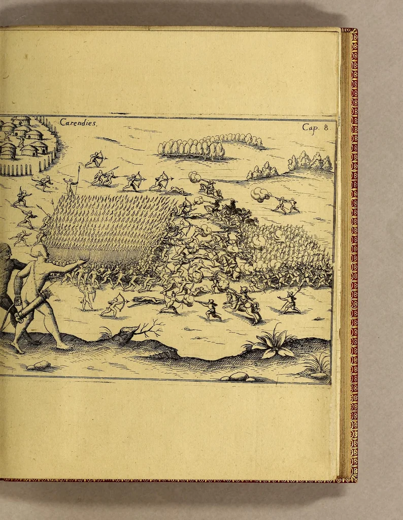 An illustration from Vierte Schiffart. Warhafftige Historien einer wunderbaren Schiffart, welche Ulrich Schmidel von Straubing, von Anno 1534. biss Anno 1554 in Americam oder Newenwelt, bey Brasilia und Rio della Plata gethan. : Was er in diesen neuntzehen Jahren aussgestanden, vnd was für seltzame wunderbare Länder vnd Leut er gesehen: durch ermelten Schmidel selbs beschrieben, an jetzt aber an Tag geben mit Verbesserung vnd Corrigierung der Stätt, Länder vnd Flüss namen, dessgleichen mit einer nothwendigen Landtaffel, Figuren, vnd anderer mehr Erklerung, gezieret,, 1599, leaf 31
