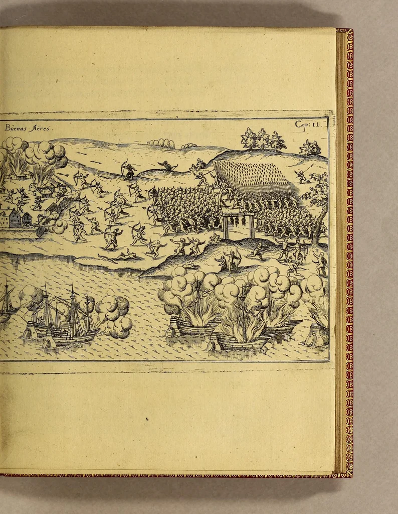An illustration from Vierte Schiffart. Warhafftige Historien einer wunderbaren Schiffart, welche Ulrich Schmidel von Straubing, von Anno 1534. biss Anno 1554 in Americam oder Newenwelt, bey Brasilia und Rio della Plata gethan. : Was er in diesen neuntzehen Jahren aussgestanden, vnd was für seltzame wunderbare Länder vnd Leut er gesehen: durch ermelten Schmidel selbs beschrieben, an jetzt aber an Tag geben mit Verbesserung vnd Corrigierung der Stätt, Länder vnd Flüss namen, dessgleichen mit einer nothwendigen Landtaffel, Figuren, vnd anderer mehr Erklerung, gezieret,, 1599, leaf 37