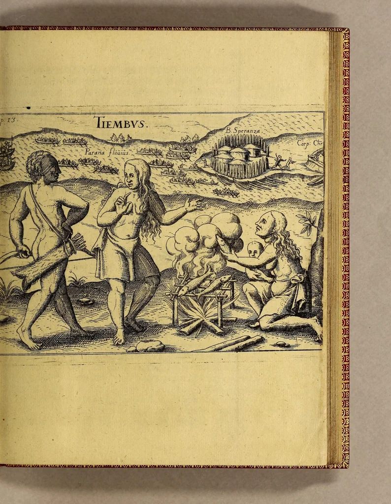 An illustration from Vierte Schiffart. Warhafftige Historien einer wunderbaren Schiffart, welche Ulrich Schmidel von Straubing, von Anno 1534. biss Anno 1554 in Americam oder Newenwelt, bey Brasilia und Rio della Plata gethan. : Was er in diesen neuntzehen Jahren aussgestanden, vnd was für seltzame wunderbare Länder vnd Leut er gesehen: durch ermelten Schmidel selbs beschrieben, an jetzt aber an Tag geben mit Verbesserung vnd Corrigierung der Stätt, Länder vnd Flüss namen, dessgleichen mit einer nothwendigen Landtaffel, Figuren, vnd anderer mehr Erklerung, gezieret,, 1599, leaf 41