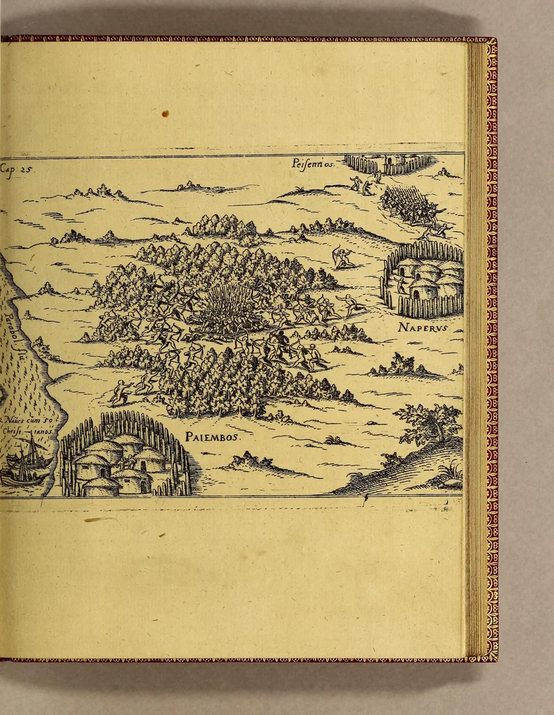 An illustration from Vierte Schiffart. Warhafftige Historien einer wunderbaren Schiffart, welche Ulrich Schmidel von Straubing, von Anno 1534. biss Anno 1554 in Americam oder Newenwelt, bey Brasilia und Rio della Plata gethan. : Was er in diesen neuntzehen Jahren aussgestanden, vnd was für seltzame wunderbare Länder vnd Leut er gesehen: durch ermelten Schmidel selbs beschrieben, an jetzt aber an Tag geben mit Verbesserung vnd Corrigierung der Stätt, Länder vnd Flüss namen, dessgleichen mit einer nothwendigen Landtaffel, Figuren, vnd anderer mehr Erklerung, gezieret,, 1599, leaf 67