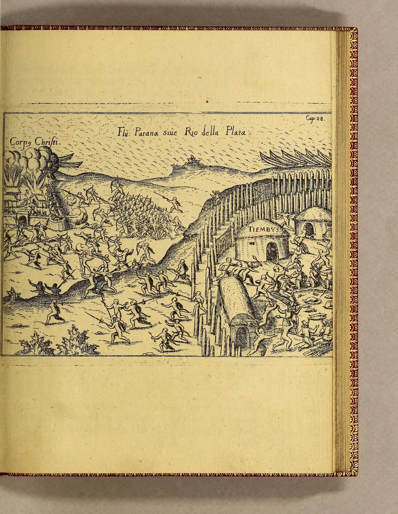 An illustration from Vierte Schiffart. Warhafftige Historien einer wunderbaren Schiffart, welche Ulrich Schmidel von Straubing, von Anno 1534. biss Anno 1554 in Americam oder Newenwelt, bey Brasilia und Rio della Plata gethan. : Was er in diesen neuntzehen Jahren aussgestanden, vnd was für seltzame wunderbare Länder vnd Leut er gesehen: durch ermelten Schmidel selbs beschrieben, an jetzt aber an Tag geben mit Verbesserung vnd Corrigierung der Stätt, Länder vnd Flüss namen, dessgleichen mit einer nothwendigen Landtaffel, Figuren, vnd anderer mehr Erklerung, gezieret,, 1599, leaf 73