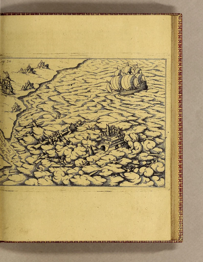 An illustration from Vierte Schiffart. Warhafftige Historien einer wunderbaren Schiffart, welche Ulrich Schmidel von Straubing, von Anno 1534. biss Anno 1554 in Americam oder Newenwelt, bey Brasilia und Rio della Plata gethan. : Was er in diesen neuntzehen Jahren aussgestanden, vnd was für seltzame wunderbare Länder vnd Leut er gesehen: durch ermelten Schmidel selbs beschrieben, an jetzt aber an Tag geben mit Verbesserung vnd Corrigierung der Stätt, Länder vnd Flüss namen, dessgleichen mit einer nothwendigen Landtaffel, Figuren, vnd anderer mehr Erklerung, gezieret,, 1599, leaf 79