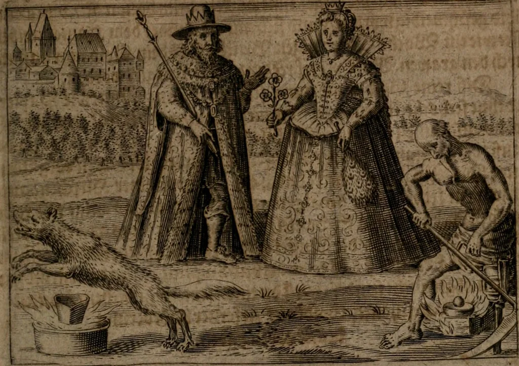 An illustration from Vier tractätlein Fr. Basilii Valentini benedicter ordens von dem grossen stäin der vralten weysen maister, vnd artzneyen menschlicher gesundheyt : deren er in seinen andern schrifften gedencket, aber vor diesem niemahlen an tag kommen seind, alss nemblich seine : 1. Handgriffe vber die bereitung des grossen steins : 2. Handgriffe wie er seine artzneyen gemacht hat : 3. Schlussreden vom sulphure, victriolo, vnnd magnete : 4. Supplementum oder zugabe, 1625, leaf 10