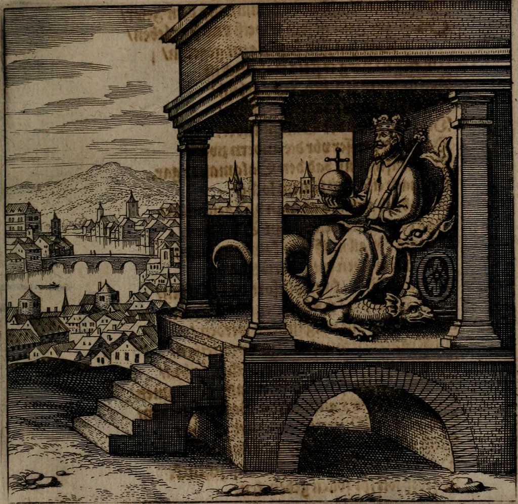 An illustration from Vier tractätlein Fr. Basilii Valentini benedicter ordens von dem grossen stäin der vralten weysen maister, vnd artzneyen menschlicher gesundheyt : deren er in seinen andern schrifften gedencket, aber vor diesem niemahlen an tag kommen seind, alss nemblich seine : 1. Handgriffe vber die bereitung des grossen steins : 2. Handgriffe wie er seine artzneyen gemacht hat : 3. Schlussreden vom sulphure, victriolo, vnnd magnete : 4. Supplementum oder zugabe, 1625, leaf 110