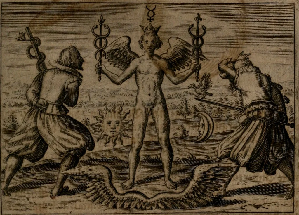 An illustration from Vier tractätlein Fr. Basilii Valentini benedicter ordens von dem grossen stäin der vralten weysen maister, vnd artzneyen menschlicher gesundheyt : deren er in seinen andern schrifften gedencket, aber vor diesem niemahlen an tag kommen seind, alss nemblich seine : 1. Handgriffe vber die bereitung des grossen steins : 2. Handgriffe wie er seine artzneyen gemacht hat : 3. Schlussreden vom sulphure, victriolo, vnnd magnete : 4. Supplementum oder zugabe, 1625, leaf 12