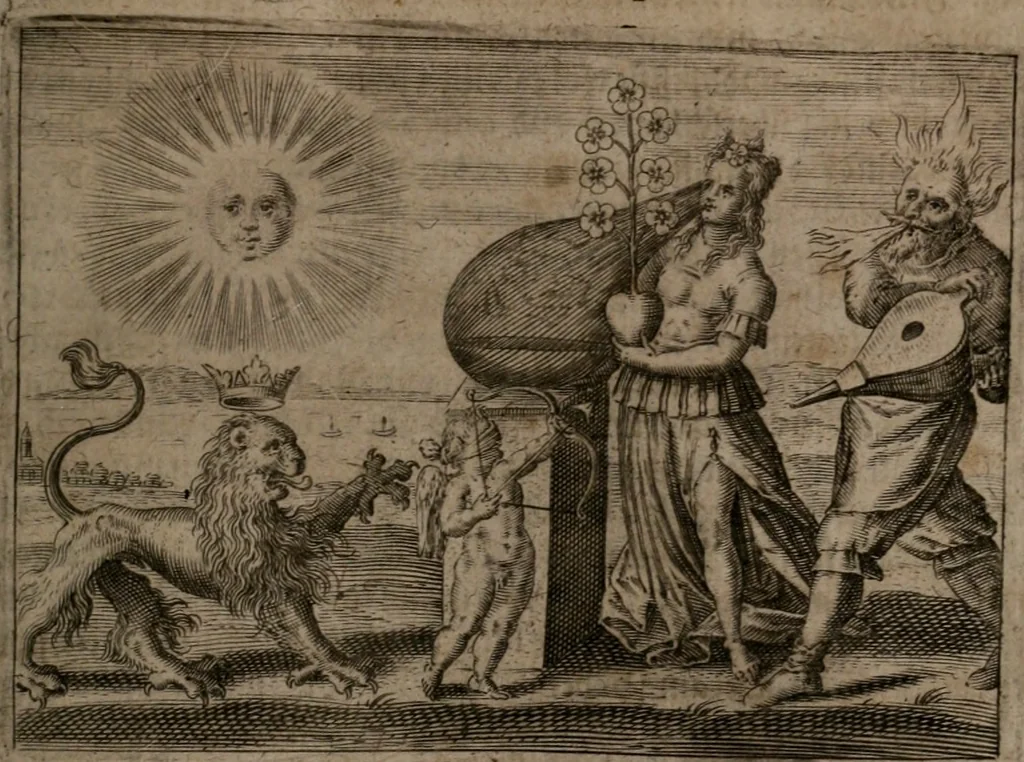 An illustration from Vier tractätlein Fr. Basilii Valentini benedicter ordens von dem grossen stäin der vralten weysen maister, vnd artzneyen menschlicher gesundheyt : deren er in seinen andern schrifften gedencket, aber vor diesem niemahlen an tag kommen seind, alss nemblich seine : 1. Handgriffe vber die bereitung des grossen steins : 2. Handgriffe wie er seine artzneyen gemacht hat : 3. Schlussreden vom sulphure, victriolo, vnnd magnete : 4. Supplementum oder zugabe, 1625, leaf 16