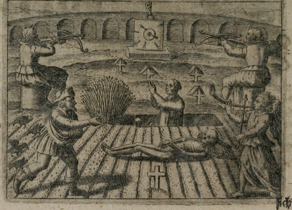An illustration from Vier tractätlein Fr. Basilii Valentini benedicter ordens von dem grossen stäin der vralten weysen maister, vnd artzneyen menschlicher gesundheyt : deren er in seinen andern schrifften gedencket, aber vor diesem niemahlen an tag kommen seind, alss nemblich seine : 1. Handgriffe vber die bereitung des grossen steins : 2. Handgriffe wie er seine artzneyen gemacht hat : 3. Schlussreden vom sulphure, victriolo, vnnd magnete : 4. Supplementum oder zugabe, 1625, leaf 23
