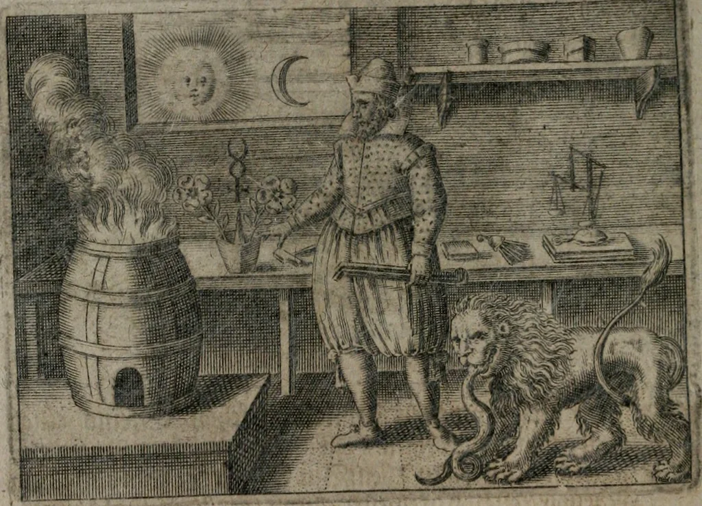 An illustration from Vier tractätlein Fr. Basilii Valentini benedicter ordens von dem grossen stäin der vralten weysen maister, vnd artzneyen menschlicher gesundheyt : deren er in seinen andern schrifften gedencket, aber vor diesem niemahlen an tag kommen seind, alss nemblich seine : 1. Handgriffe vber die bereitung des grossen steins : 2. Handgriffe wie er seine artzneyen gemacht hat : 3. Schlussreden vom sulphure, victriolo, vnnd magnete : 4. Supplementum oder zugabe, 1625, leaf 27