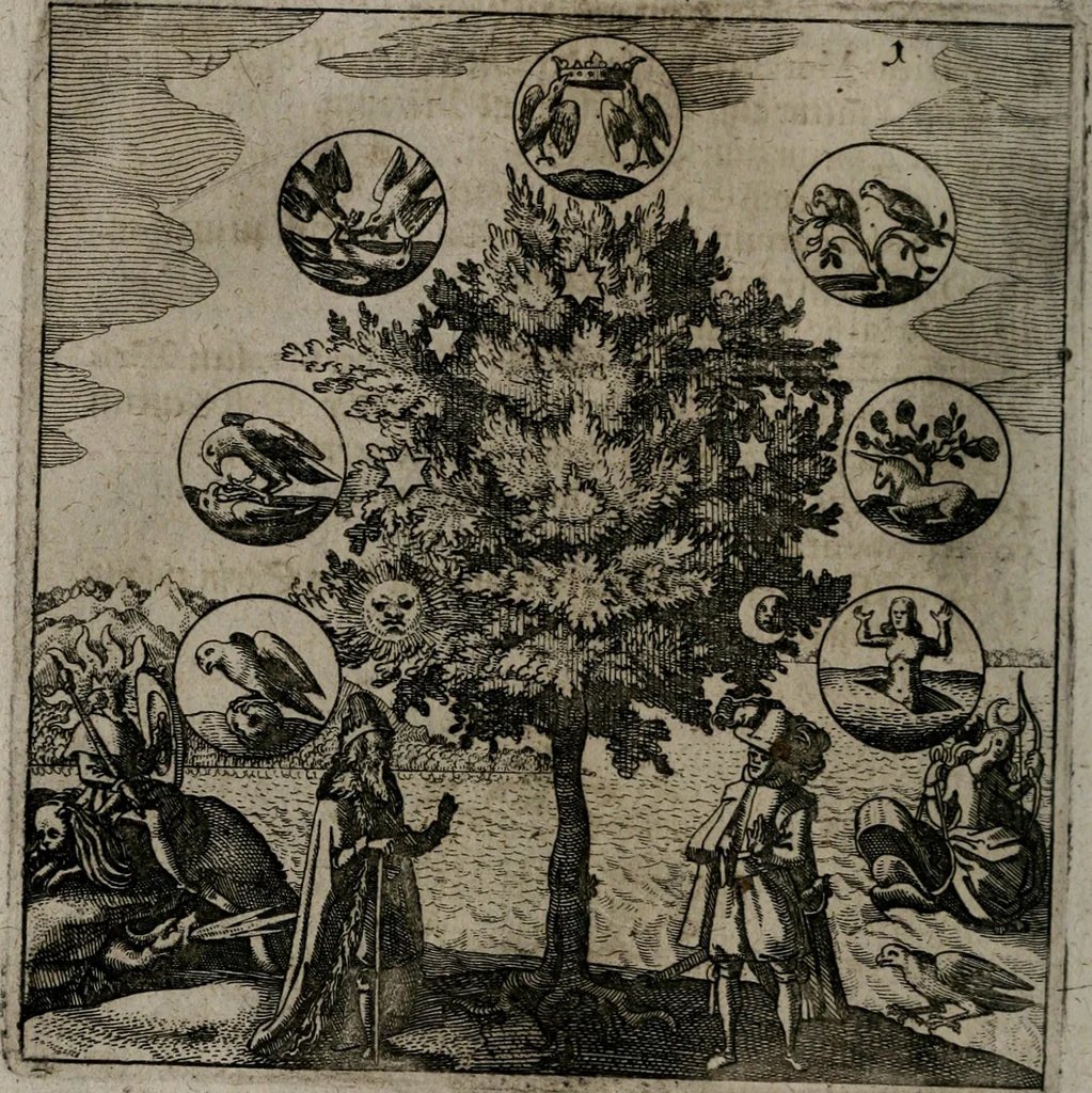 An illustration from Vier tractätlein Fr. Basilii Valentini benedicter ordens von dem grossen stäin der vralten weysen maister, vnd artzneyen menschlicher gesundheyt : deren er in seinen andern schrifften gedencket, aber vor diesem niemahlen an tag kommen seind, alss nemblich seine : 1. Handgriffe vber die bereitung des grossen steins : 2. Handgriffe wie er seine artzneyen gemacht hat : 3. Schlussreden vom sulphure, victriolo, vnnd magnete : 4. Supplementum oder zugabe, 1625, leaf 33