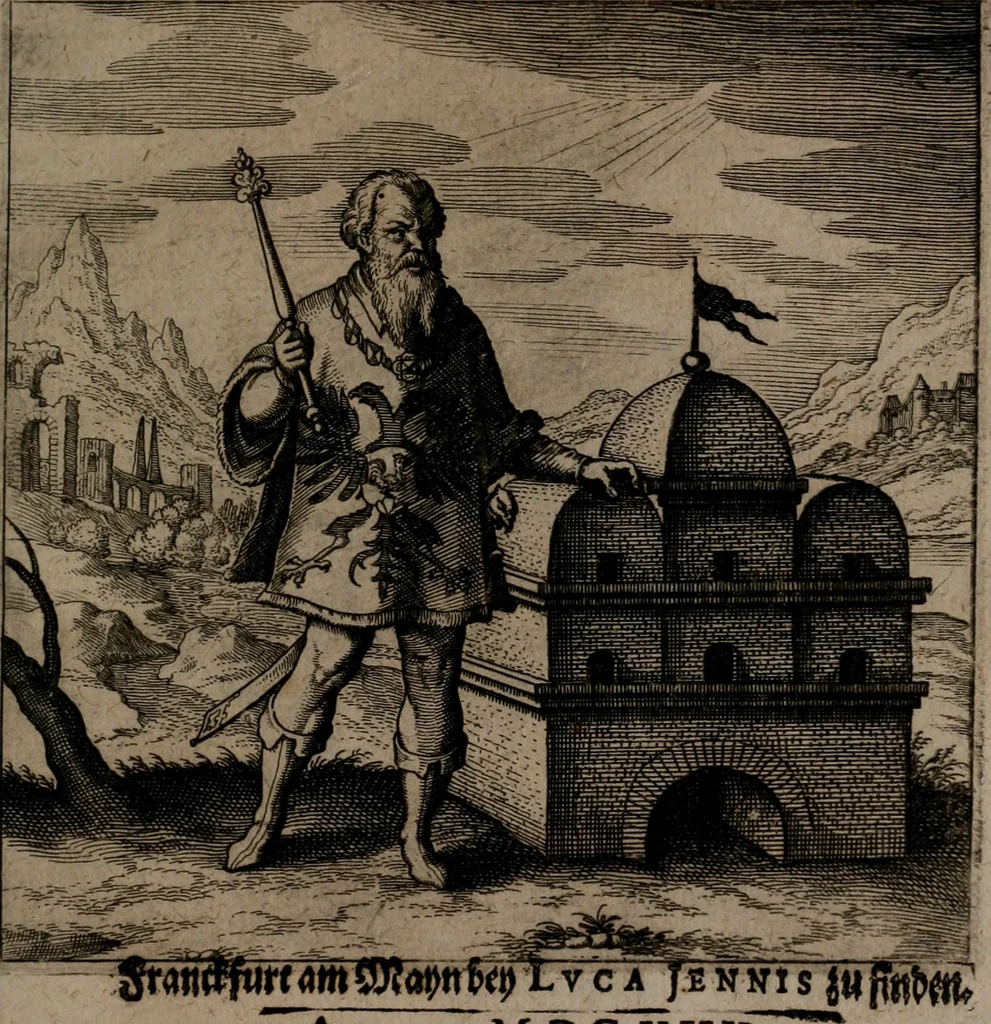 An illustration from Vier tractätlein Fr. Basilii Valentini benedicter ordens von dem grossen stäin der vralten weysen maister, vnd artzneyen menschlicher gesundheyt : deren er in seinen andern schrifften gedencket, aber vor diesem niemahlen an tag kommen seind, alss nemblich seine : 1. Handgriffe vber die bereitung des grossen steins : 2. Handgriffe wie er seine artzneyen gemacht hat : 3. Schlussreden vom sulphure, victriolo, vnnd magnete : 4. Supplementum oder zugabe, 1625, leaf 88