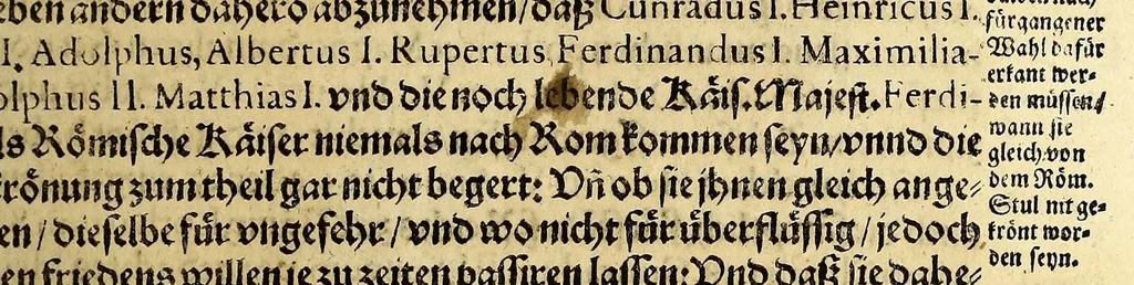 An illustration from Vier vnterschiedliche Relationes Historicae : I. Welche massen die zu gegenwertiger Zeit Regirende Kaiser: auch zu Hungarn vnd Boheim konigliche Majestät fürsich vnd deroselben nechste Bluts verwante zwey vnd dreyssig römische Kaiser titulo Parentum zu Voreltern erlangt habe. II. Durch was mittel das hochlobliche Hauss der Ertzhertzogen zu Österreich zu so viel Land vnd Leuten gelangt. III. Was seithero Caroli Magni Zeiten zu und von dem Reich kommen vnd biss auf dato dabey verbleiber. IV. Welcher gestalt die zugegenwertiger Zeit lebende europaeische Ehristliche König, Chur vnd Fürsten dess Reichs vorgedachten Hochl. Hauss der Ertzhertzogen zu Österreich verwandt sein: vnd welcher massen ihrer samtlichen Genealogia Materno Genere auf Rudolphum I. Kom Kaiser. vnd andere österreichische Herrn gebracht werden könne., 1636, leaf 133