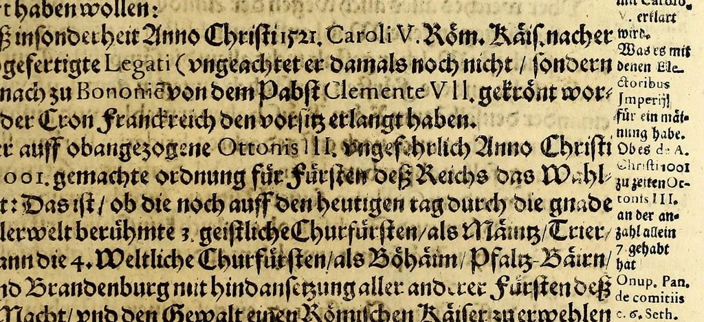 An illustration from Vier vnterschiedliche Relationes Historicae : I. Welche massen die zu gegenwertiger Zeit Regirende Kaiser: auch zu Hungarn vnd Boheim konigliche Majestät fürsich vnd deroselben nechste Bluts verwante zwey vnd dreyssig römische Kaiser titulo Parentum zu Voreltern erlangt habe. II. Durch was mittel das hochlobliche Hauss der Ertzhertzogen zu Österreich zu so viel Land vnd Leuten gelangt. III. Was seithero Caroli Magni Zeiten zu und von dem Reich kommen vnd biss auf dato dabey verbleiber. IV. Welcher gestalt die zugegenwertiger Zeit lebende europaeische Ehristliche König, Chur vnd Fürsten dess Reichs vorgedachten Hochl. Hauss der Ertzhertzogen zu Österreich verwandt sein: vnd welcher massen ihrer samtlichen Genealogia Materno Genere auf Rudolphum I. Kom Kaiser. vnd andere österreichische Herrn gebracht werden könne., 1636, leaf 133