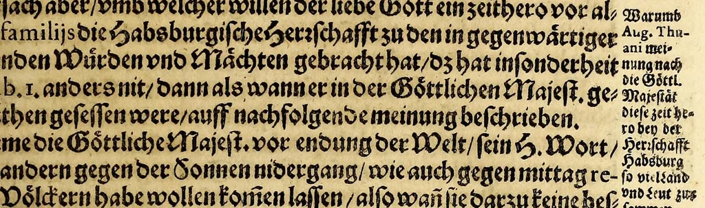 An illustration from Vier vnterschiedliche Relationes Historicae : I. Welche massen die zu gegenwertiger Zeit Regirende Kaiser: auch zu Hungarn vnd Boheim konigliche Majestät fürsich vnd deroselben nechste Bluts verwante zwey vnd dreyssig römische Kaiser titulo Parentum zu Voreltern erlangt habe. II. Durch was mittel das hochlobliche Hauss der Ertzhertzogen zu Österreich zu so viel Land vnd Leuten gelangt. III. Was seithero Caroli Magni Zeiten zu und von dem Reich kommen vnd biss auf dato dabey verbleiber. IV. Welcher gestalt die zugegenwertiger Zeit lebende europaeische Ehristliche König, Chur vnd Fürsten dess Reichs vorgedachten Hochl. Hauss der Ertzhertzogen zu Österreich verwandt sein: vnd welcher massen ihrer samtlichen Genealogia Materno Genere auf Rudolphum I. Kom Kaiser. vnd andere österreichische Herrn gebracht werden könne., 1636, leaf 31