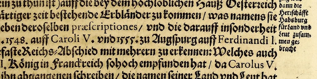 An illustration from Vier vnterschiedliche Relationes Historicae : I. Welche massen die zu gegenwertiger Zeit Regirende Kaiser: auch zu Hungarn vnd Boheim konigliche Majestät fürsich vnd deroselben nechste Bluts verwante zwey vnd dreyssig römische Kaiser titulo Parentum zu Voreltern erlangt habe. II. Durch was mittel das hochlobliche Hauss der Ertzhertzogen zu Österreich zu so viel Land vnd Leuten gelangt. III. Was seithero Caroli Magni Zeiten zu und von dem Reich kommen vnd biss auf dato dabey verbleiber. IV. Welcher gestalt die zugegenwertiger Zeit lebende europaeische Ehristliche König, Chur vnd Fürsten dess Reichs vorgedachten Hochl. Hauss der Ertzhertzogen zu Österreich verwandt sein: vnd welcher massen ihrer samtlichen Genealogia Materno Genere auf Rudolphum I. Kom Kaiser. vnd andere österreichische Herrn gebracht werden könne., 1636, leaf 31