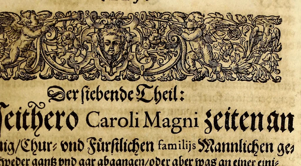 An illustration from Vier vnterschiedliche Relationes Historicae : I. Welche massen die zu gegenwertiger Zeit Regirende Kaiser: auch zu Hungarn vnd Boheim konigliche Majestät fürsich vnd deroselben nechste Bluts verwante zwey vnd dreyssig römische Kaiser titulo Parentum zu Voreltern erlangt habe. II. Durch was mittel das hochlobliche Hauss der Ertzhertzogen zu Österreich zu so viel Land vnd Leuten gelangt. III. Was seithero Caroli Magni Zeiten zu und von dem Reich kommen vnd biss auf dato dabey verbleiber. IV. Welcher gestalt die zugegenwertiger Zeit lebende europaeische Ehristliche König, Chur vnd Fürsten dess Reichs vorgedachten Hochl. Hauss der Ertzhertzogen zu Österreich verwandt sein: vnd welcher massen ihrer samtlichen Genealogia Materno Genere auf Rudolphum I. Kom Kaiser. vnd andere österreichische Herrn gebracht werden könne., 1636, leaf 313