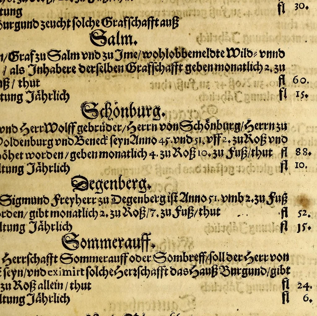 An illustration from Vier vnterschiedliche Relationes Historicae : I. Welche massen die zu gegenwertiger Zeit Regirende Kaiser: auch zu Hungarn vnd Boheim konigliche Majestät fürsich vnd deroselben nechste Bluts verwante zwey vnd dreyssig römische Kaiser titulo Parentum zu Voreltern erlangt habe. II. Durch was mittel das hochlobliche Hauss der Ertzhertzogen zu Österreich zu so viel Land vnd Leuten gelangt. III. Was seithero Caroli Magni Zeiten zu und von dem Reich kommen vnd biss auf dato dabey verbleiber. IV. Welcher gestalt die zugegenwertiger Zeit lebende europaeische Ehristliche König, Chur vnd Fürsten dess Reichs vorgedachten Hochl. Hauss der Ertzhertzogen zu Österreich verwandt sein: vnd welcher massen ihrer samtlichen Genealogia Materno Genere auf Rudolphum I. Kom Kaiser. vnd andere österreichische Herrn gebracht werden könne., 1636, leaf 379