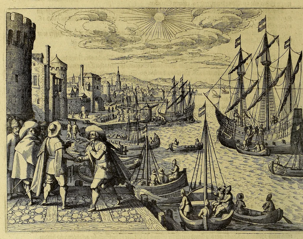 An illustration from Vierzehender Theil Americanischer Historien, : inhaltend, erstlich, warhafftige Beschreibung etlicher West-Indianischer Landen in dem Theil Americae gegen Mitternacht hinder Nova Hispania gelegen, alss New Mexico, Cibola, Cinaloa, Quiuira, vnd anderer, deren bissher in vnserm West-Indianischen Werck Theils gar nicht, theils sehr wenig gedacht worden, sampt Denckwürdigen Geschichten vnd Wunderwercken der Natur in Jucatan, Guatimala, Fonduras, vnd Panama, wie auch vom Zustandt etlicher Englischen Colonien, wie sich die in lauffendem 1630. Jahr befinden. Zum andern, eine Schiffart der Holländer vnder dem Admiral Jacob Eremiten vmb die gantze Welt, vnd was ihm auff dieser sehr langen vnd gefährlichen Reyse begegnet, alles in Form eines Jurnals oder Tagregisters fleissig verzeichnet. Zum dritten, historische Erzehlung, welcher gestalt die sehr reiche Spanische Silberflotta durch Peter Hein, General der Holländischen Armada in dem Hafen Matanza der Insul Cuba im September dess Jahrs 1628. ertapt vnd heim gebracht worden. Zum Vierdten, was massen die Statt Olinda de Fernambucco in Brasilien, sampt dem Meerport vnd dabey Ligenden Castellan, durch die Holländer vnder dem General Heinrich Cornelis Lunck erobert worden, im Monat Februario dess Jahrs 1630. Alles mit zugehörigen Tafeln vnd Kupfferstücken gezieret, verlegt vnd an Tag gegeben, 1630, leaf 34