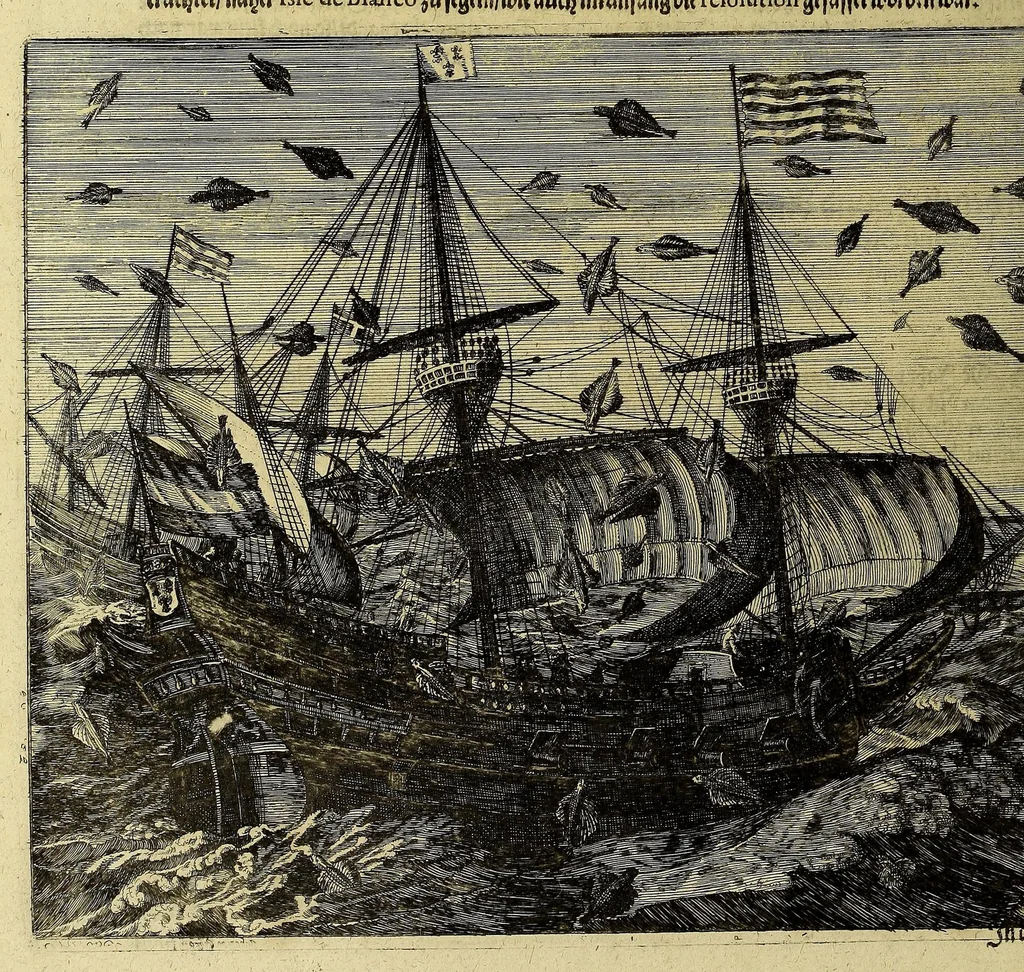 An illustration from Vierzehender Theil Americanischer Historien, : inhaltend, erstlich, warhafftige Beschreibung etlicher West-Indianischer Landen in dem Theil Americae gegen Mitternacht hinder Nova Hispania gelegen, alss New Mexico, Cibola, Cinaloa, Quiuira, vnd anderer, deren bissher in vnserm West-Indianischen Werck Theils gar nicht, theils sehr wenig gedacht worden, sampt Denckwürdigen Geschichten vnd Wunderwercken der Natur in Jucatan, Guatimala, Fonduras, vnd Panama, wie auch vom Zustandt etlicher Englischen Colonien, wie sich die in lauffendem 1630. Jahr befinden. Zum andern, eine Schiffart der Holländer vnder dem Admiral Jacob Eremiten vmb die gantze Welt, vnd was ihm auff dieser sehr langen vnd gefährlichen Reyse begegnet, alles in Form eines Jurnals oder Tagregisters fleissig verzeichnet. Zum dritten, historische Erzehlung, welcher gestalt die sehr reiche Spanische Silberflotta durch Peter Hein, General der Holländischen Armada in dem Hafen Matanza der Insul Cuba im September dess Jahrs 1628. ertapt vnd heim gebracht worden. Zum Vierdten, was massen die Statt Olinda de Fernambucco in Brasilien, sampt dem Meerport vnd dabey Ligenden Castellan, durch die Holländer vnder dem General Heinrich Cornelis Lunck erobert worden, im Monat Februario dess Jahrs 1630. Alles mit zugehörigen Tafeln vnd Kupfferstücken gezieret, verlegt vnd an Tag gegeben, 1630, leaf 90
