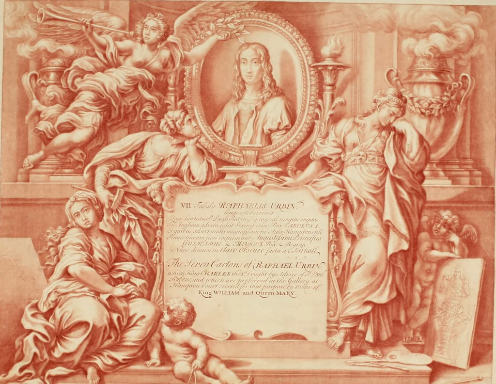 An illustration from VII tabulae Raphaelis Urbin [graphic] : longe celeberrimae quas hortatu P. Pauli Rubenij Eq. ingenti sumptu emptas in Angliam advehi jussit serenissimus Rex Carolus I. et quibus adservandis magnificam in Aula Hamptonensi Pinacothecam fieri imperârunt augustissimi Principes Gulielmus & Maria Rex & Regina = The seven cartons of Raphael Urbin : which King Charles the 1.st bought by advice of P. Paul Rubens and which are preserved in the Gallery at Hampton Court erected for that purpose by order of King William and Queen Mary, 1722, leaf 2