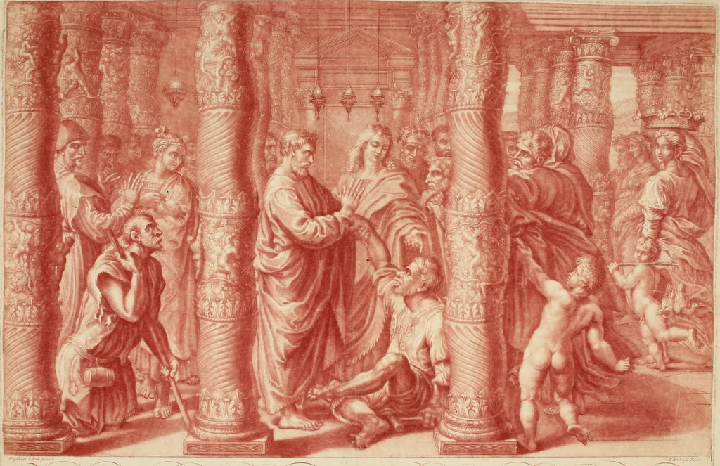 An illustration from VII tabulae Raphaelis Urbin [graphic] : longe celeberrimae quas hortatu P. Pauli Rubenij Eq. ingenti sumptu emptas in Angliam advehi jussit serenissimus Rex Carolus I. et quibus adservandis magnificam in Aula Hamptonensi Pinacothecam fieri imperârunt augustissimi Principes Gulielmus & Maria Rex & Regina = The seven cartons of Raphael Urbin : which King Charles the 1.st bought by advice of P. Paul Rubens and which are preserved in the Gallery at Hampton Court erected for that purpose by order of King William and Queen Mary, 1722, leaf 3