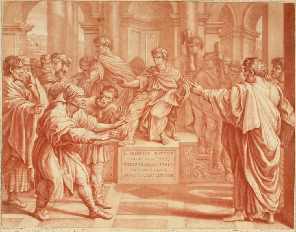 An illustration from VII tabulae Raphaelis Urbin [graphic] : longe celeberrimae quas hortatu P. Pauli Rubenij Eq. ingenti sumptu emptas in Angliam advehi jussit serenissimus Rex Carolus I. et quibus adservandis magnificam in Aula Hamptonensi Pinacothecam fieri imperârunt augustissimi Principes Gulielmus & Maria Rex & Regina = The seven cartons of Raphael Urbin : which King Charles the 1.st bought by advice of P. Paul Rubens and which are preserved in the Gallery at Hampton Court erected for that purpose by order of King William and Queen Mary, 1722, leaf 5