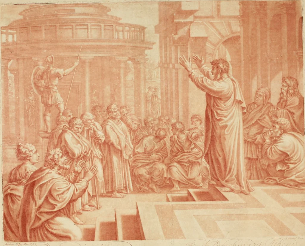 An illustration from VII tabulae Raphaelis Urbin [graphic] : longe celeberrimae quas hortatu P. Pauli Rubenij Eq. ingenti sumptu emptas in Angliam advehi jussit serenissimus Rex Carolus I. et quibus adservandis magnificam in Aula Hamptonensi Pinacothecam fieri imperârunt augustissimi Principes Gulielmus & Maria Rex & Regina = The seven cartons of Raphael Urbin : which King Charles the 1.st bought by advice of P. Paul Rubens and which are preserved in the Gallery at Hampton Court erected for that purpose by order of King William and Queen Mary, 1722, leaf 6