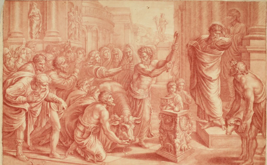 An illustration from VII tabulae Raphaelis Urbin [graphic] : longe celeberrimae quas hortatu P. Pauli Rubenij Eq. ingenti sumptu emptas in Angliam advehi jussit serenissimus Rex Carolus I. et quibus adservandis magnificam in Aula Hamptonensi Pinacothecam fieri imperârunt augustissimi Principes Gulielmus & Maria Rex & Regina = The seven cartons of Raphael Urbin : which King Charles the 1.st bought by advice of P. Paul Rubens and which are preserved in the Gallery at Hampton Court erected for that purpose by order of King William and Queen Mary, 1722, leaf 7