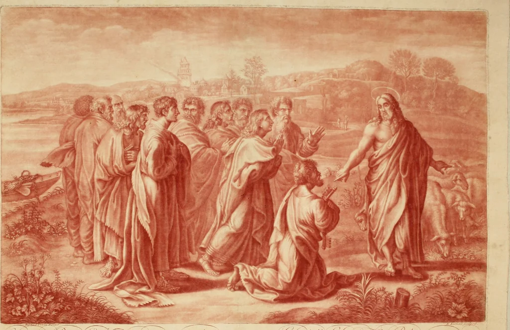 An illustration from VII tabulae Raphaelis Urbin [graphic] : longe celeberrimae quas hortatu P. Pauli Rubenij Eq. ingenti sumptu emptas in Angliam advehi jussit serenissimus Rex Carolus I. et quibus adservandis magnificam in Aula Hamptonensi Pinacothecam fieri imperârunt augustissimi Principes Gulielmus & Maria Rex & Regina = The seven cartons of Raphael Urbin : which King Charles the 1.st bought by advice of P. Paul Rubens and which are preserved in the Gallery at Hampton Court erected for that purpose by order of King William and Queen Mary, 1722, leaf 8