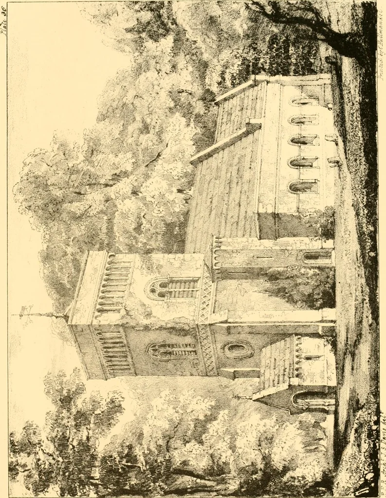 An illustration from Village architecture, being a series of picturesque designs for the inn, the schoolhouse, almshouses, markethouse, shambles, workhouse, parsonage, townhall, and church: forming a sequel to a work on rural architectue, 1837, leaf 106