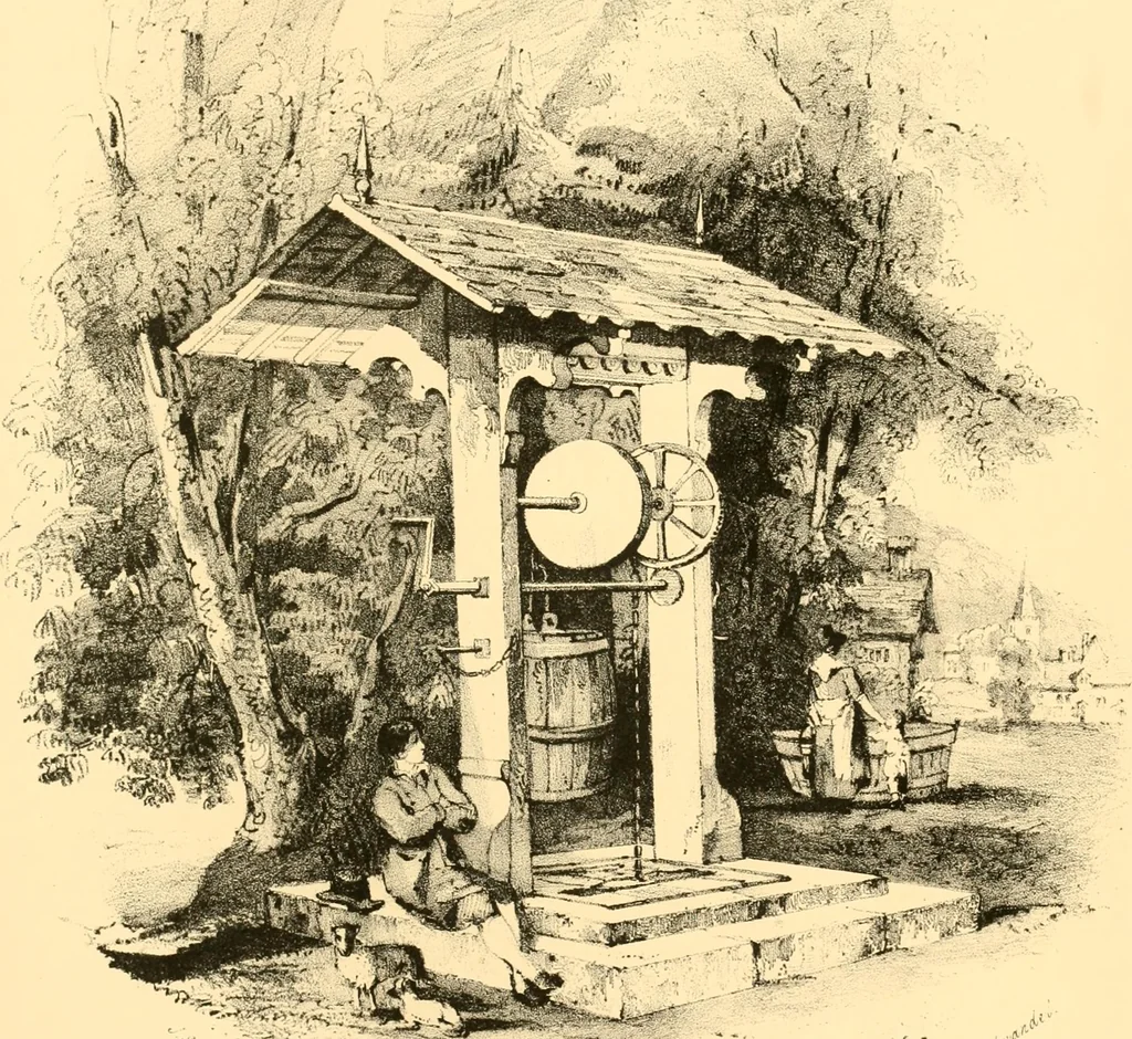 An illustration from Village architecture, being a series of picturesque designs for the inn, the schoolhouse, almshouses, markethouse, shambles, workhouse, parsonage, townhall, and church: forming a sequel to a work on rural architectue, 1837, leaf 54