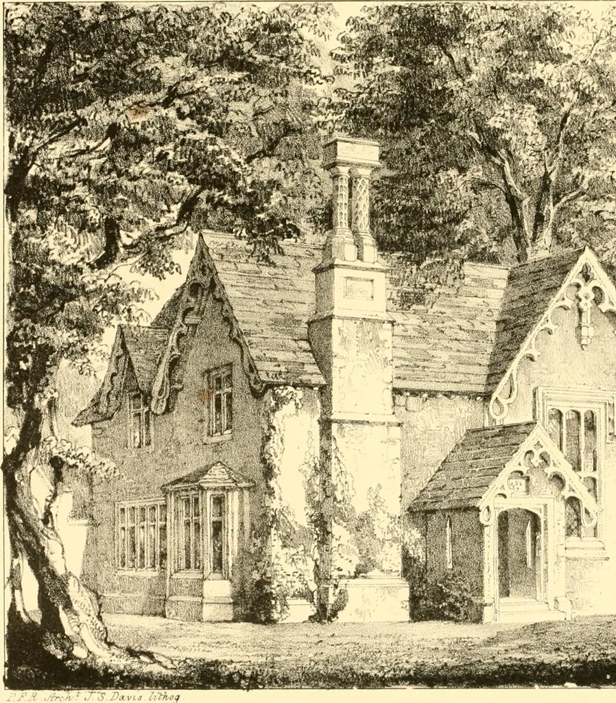 An illustration from Village architecture, being a series of picturesque designs for the inn, the schoolhouse, almshouses, markethouse, shambles, workhouse, parsonage, townhall, and church: forming a sequel to a work on rural architectue, 1837, leaf 74
