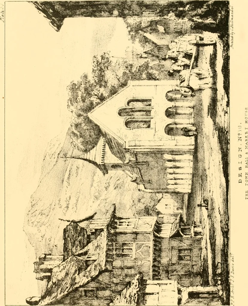 An illustration from Village architecture, being a series of picturesque designs for the inn, the schoolhouse, almshouses, markethouse, shambles, workhouse, parsonage, townhall, and church: forming a sequel to a work on rural architectue, 1837, leaf 92