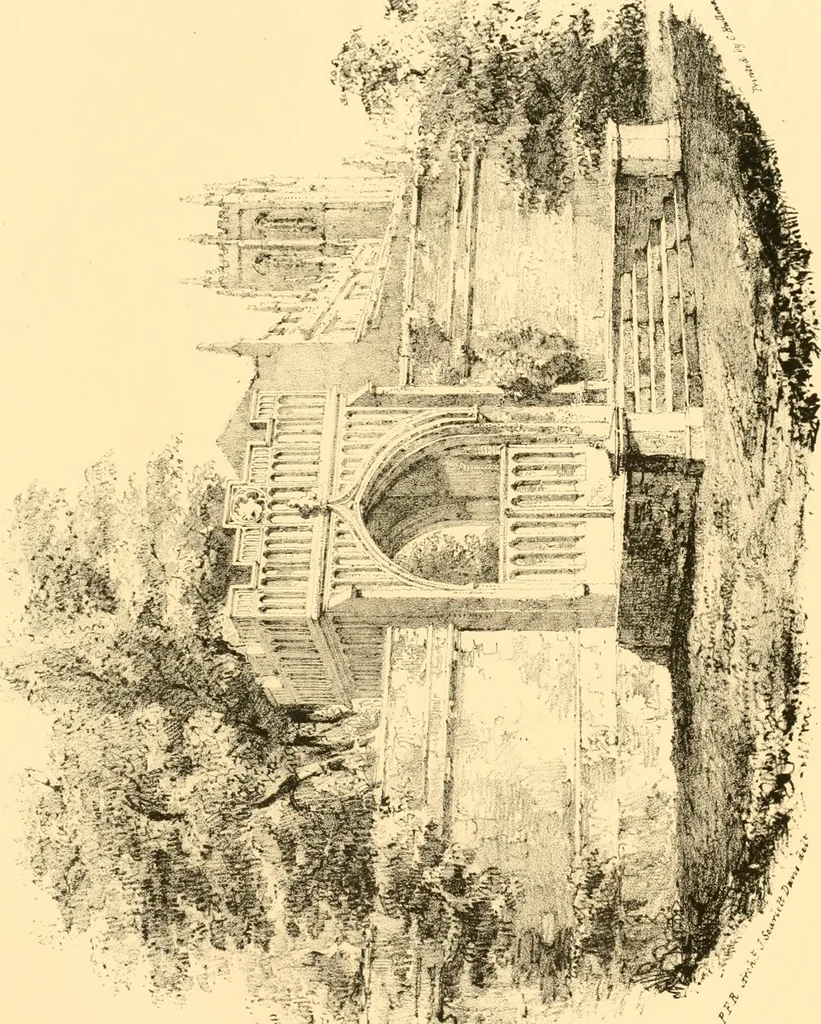 An illustration from Village architecture, being a series of picturesque designs for the inn, the schoolhouse, almshouses, markethouse, shambles, workhouse, parsonage, townhall, and church: forming a sequel to a work on rural architectue, 1837, leaf 96