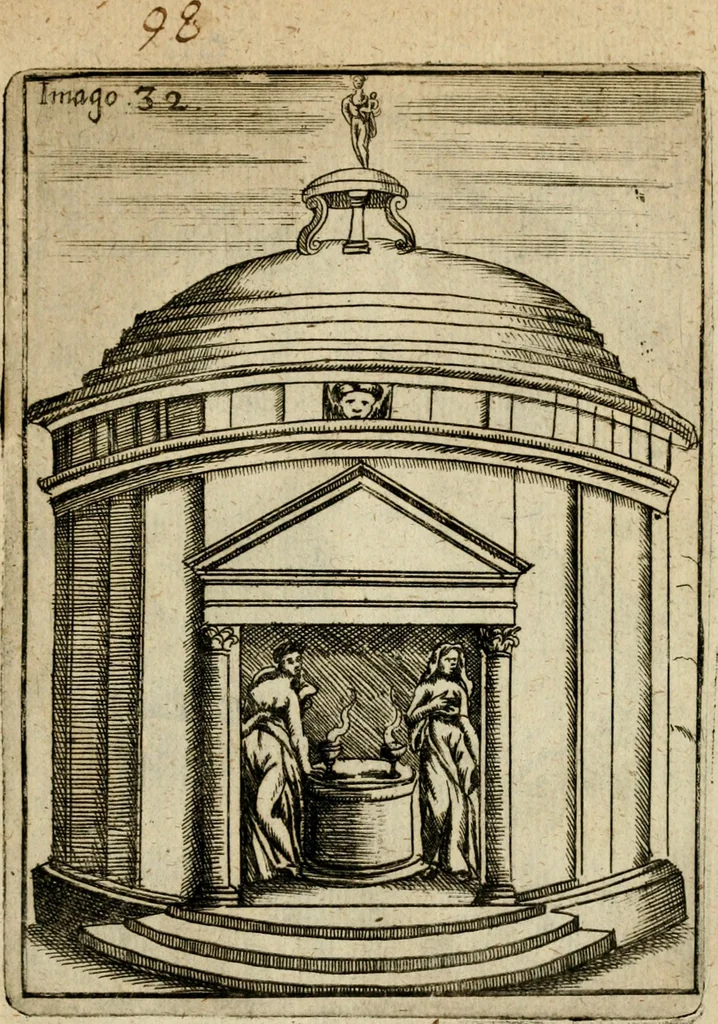An illustration from Vincentii Chartarii Rhegiensis Imagines deorum, qui ab antiquis colebantur : unâ cum earum declaratione & historia in qua simulacra, ritus, caeremoniae magnaque ex parte veterum religio explicatur ... : hinc inde, 1687, leaf 318