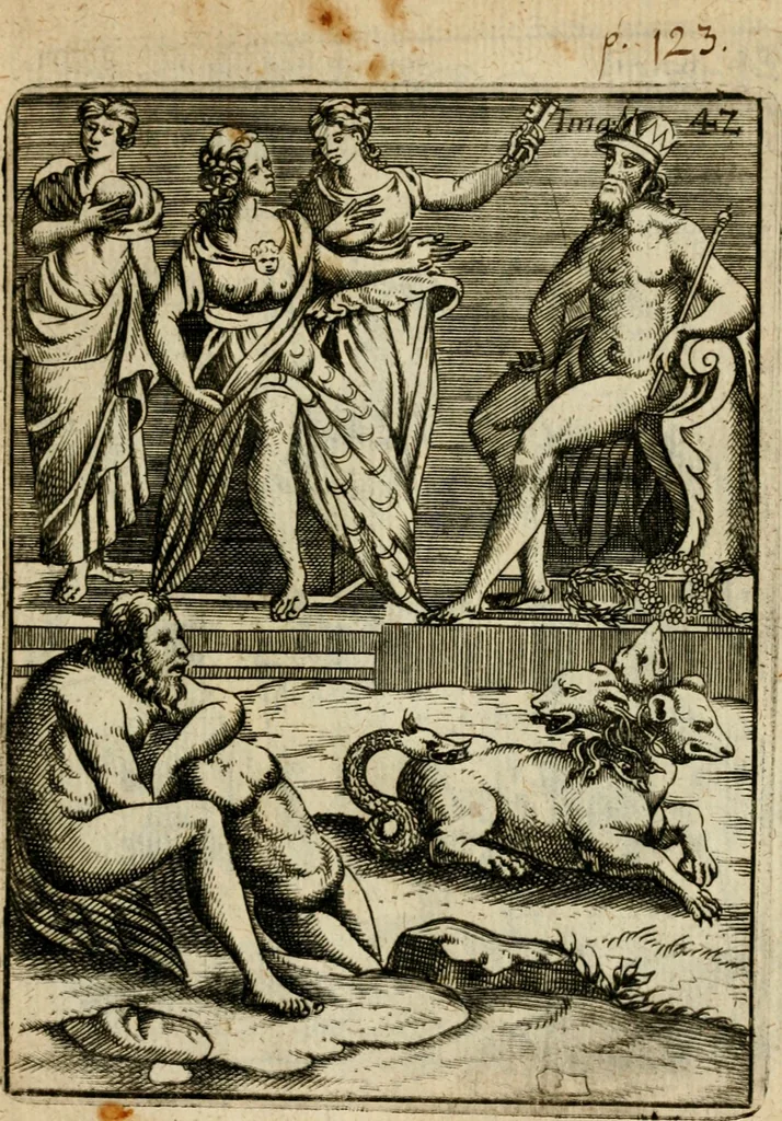 An illustration from Vincentii Chartarii Rhegiensis Imagines deorum, qui ab antiquis colebantur : unâ cum earum declaratione & historia in qua simulacra, ritus, caeremoniae magnaque ex parte veterum religio explicatur ... : hinc inde, 1687, leaf 338