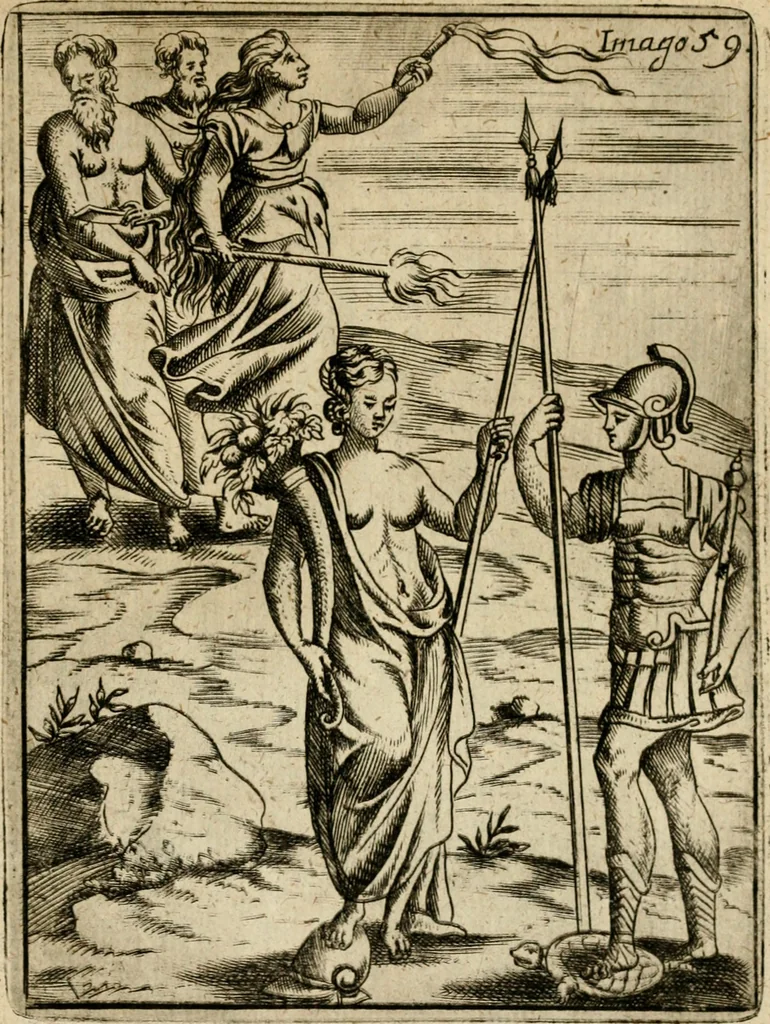 An illustration from Vincentii Chartarii Rhegiensis Imagines deorum, qui ab antiquis colebantur : unâ cum earum declaratione & historia in qua simulacra, ritus, caeremoniae magnaque ex parte veterum religio explicatur ... : hinc inde, 1687, leaf 372