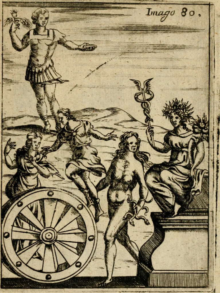 An illustration from Vincentii Chartarii Rhegiensis Imagines deorum, qui ab antiquis colebantur : unâ cum earum declaratione & historia in qua simulacra, ritus, caeremoniae magnaque ex parte veterum religio explicatur ... : hinc inde, 1687, leaf 414
