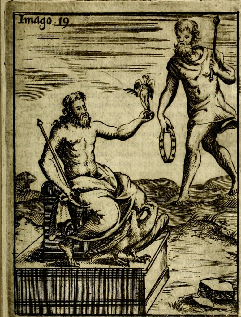 An illustration from Vincentii Chartarii Rhegiensis Imagines deorum : qui ab antiquis colebantur, unâ cum earum declaratione & historia in qua simulacra, ritus, cæremoniæ magnaque ex parte veterum religio explicatur, opus non solum antiquitatis amatoribus, sed & liberalium artium cultoribus, imò & concionatoribus valde utile & proficuum, hinc inde, 1687, leaf 110