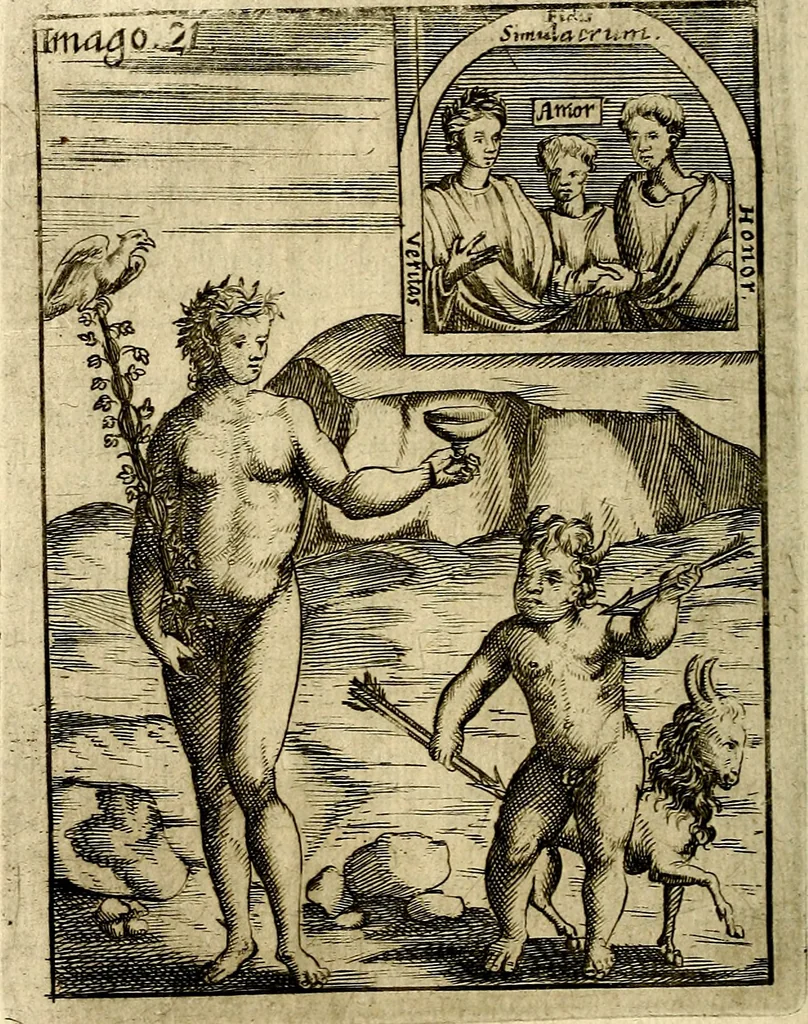 An illustration from Vincentii Chartarii Rhegiensis Imagines deorum : qui ab antiquis colebantur, unâ cum earum declaratione & historia in qua simulacra, ritus, cæremoniæ magnaque ex parte veterum religio explicatur, opus non solum antiquitatis amatoribus, sed & liberalium artium cultoribus, imò & concionatoribus valde utile & proficuum, hinc inde, 1687, leaf 119
