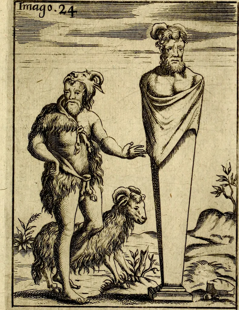 An illustration from Vincentii Chartarii Rhegiensis Imagines deorum : qui ab antiquis colebantur, unâ cum earum declaratione & historia in qua simulacra, ritus, cæremoniæ magnaque ex parte veterum religio explicatur, opus non solum antiquitatis amatoribus, sed & liberalium artium cultoribus, imò & concionatoribus valde utile & proficuum, hinc inde, 1687, leaf 128